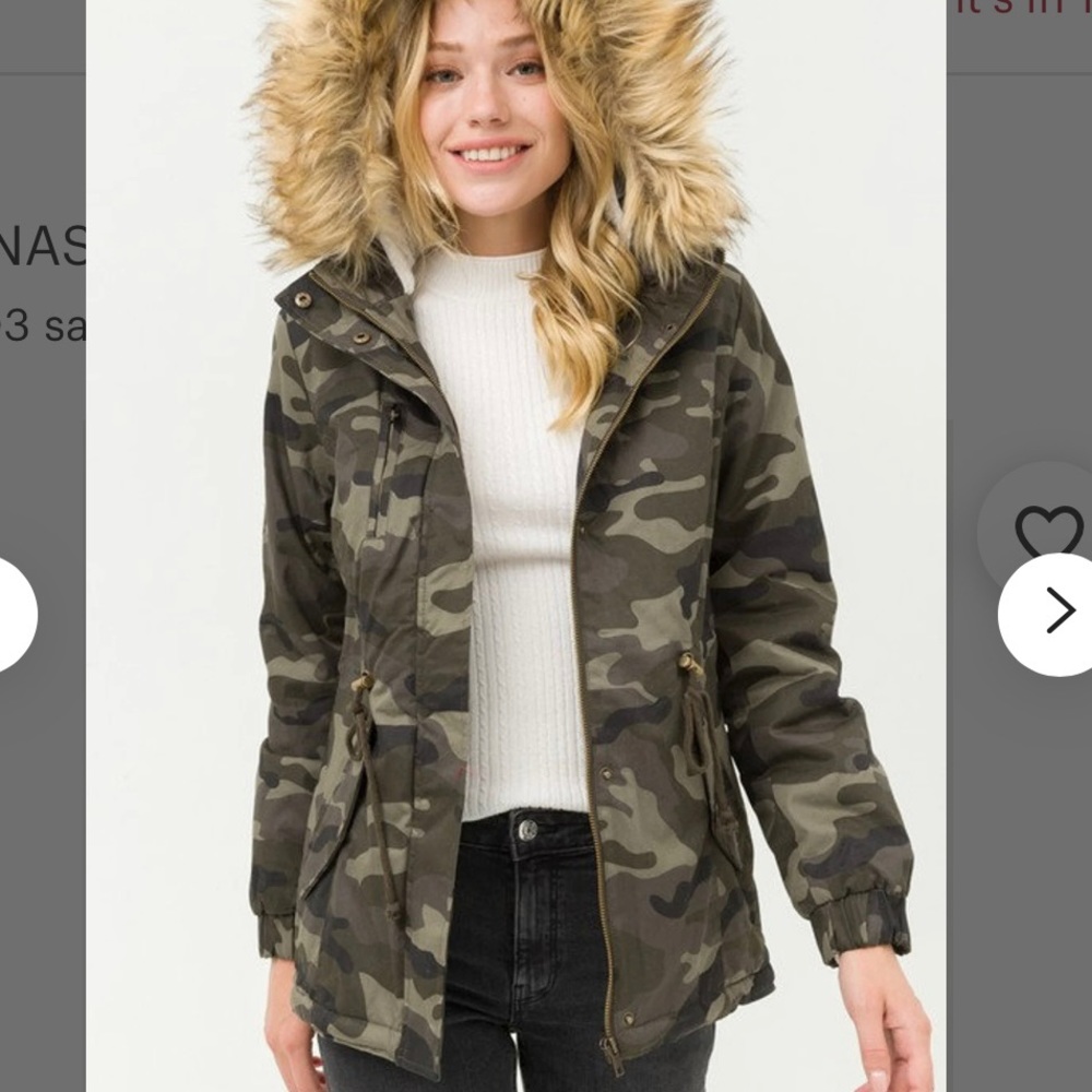 Ashley By 26 International Camo Puffer Cost with Cinch Waist Sherpa lined & Hood
